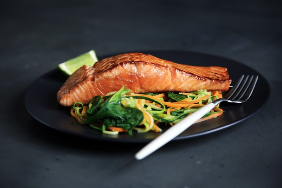 Mediterranean-style meal of seared salmon with fresh vegetables